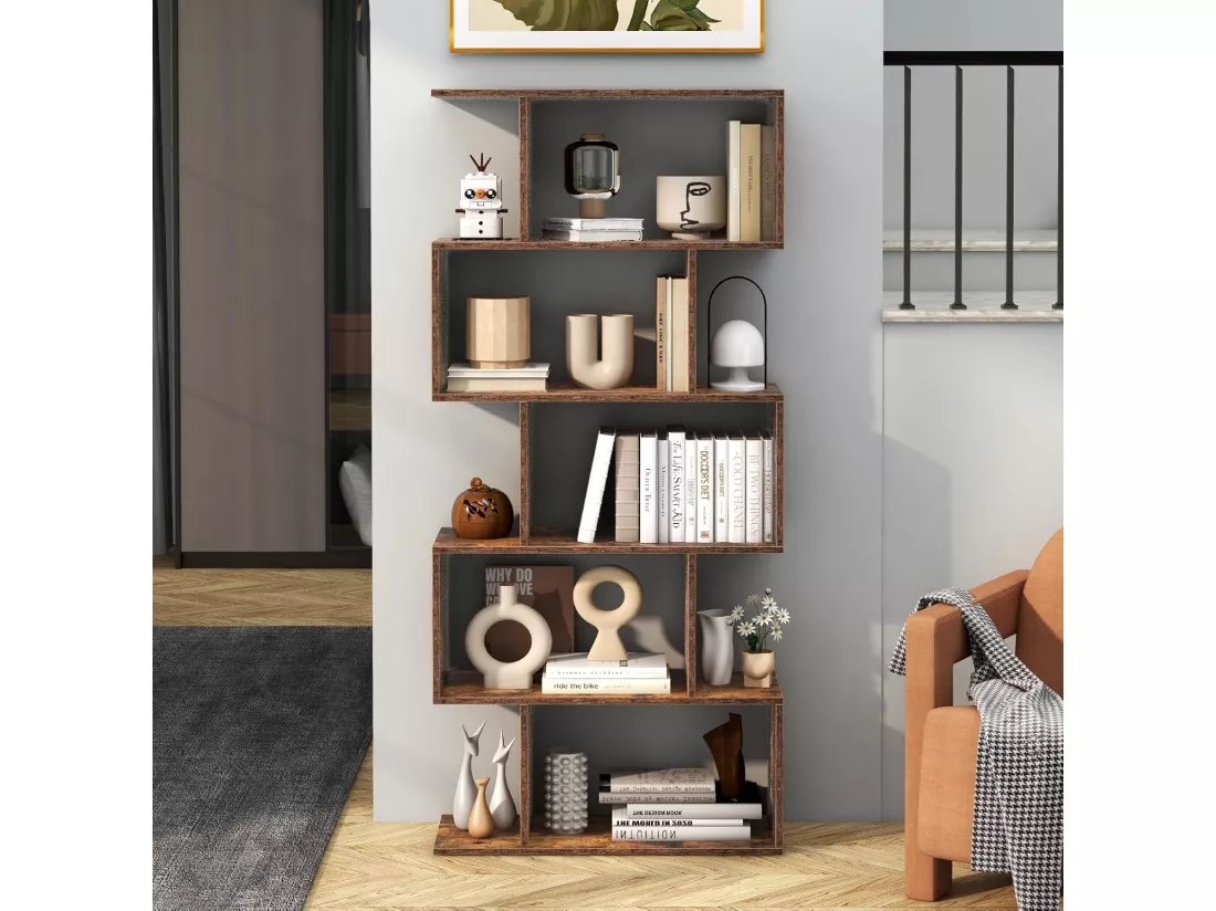 Bibliothèque Industrielle en Forme de S, Étagère à 5 Niveaux, Meuble de Rangement avec Anti-basculement, 70 x 23,5 x 158 cm, pour Salon, Chambre, Bureau, Marron Rustique