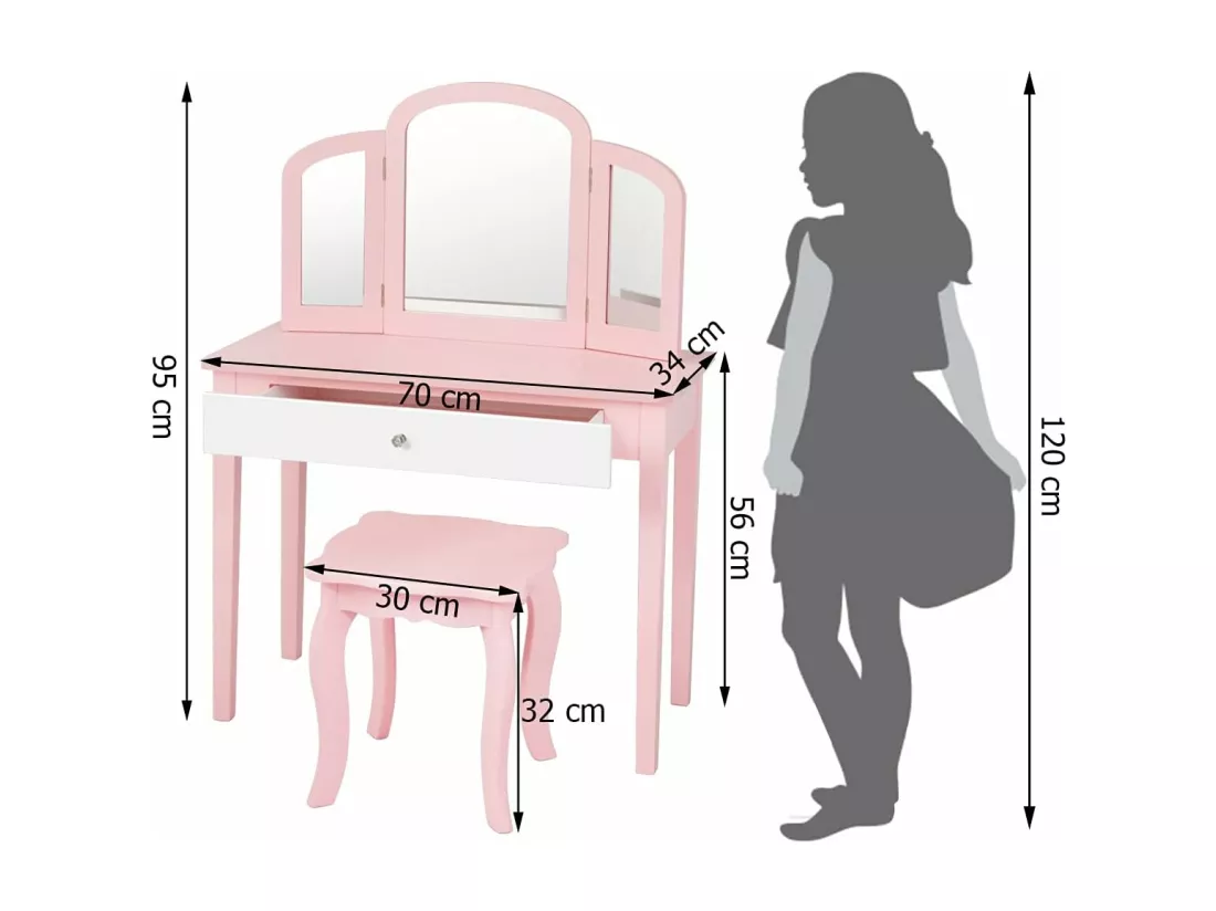 Coiffeuse pour Enfants 2 en 1 avec Miroir Amovible et Pliable, 1 Grand Tiroir Style Princesse Rose