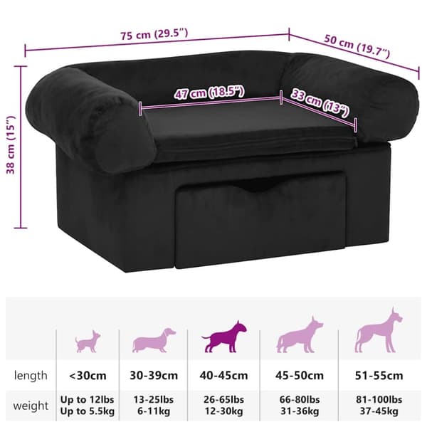 vidaXL Hundesofa med skuff svart 75x50x38 cm plysj