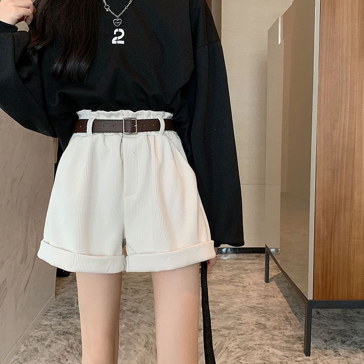 Polygato - Hoge taille effen corduroy wijde pijpen shorts / riem / set