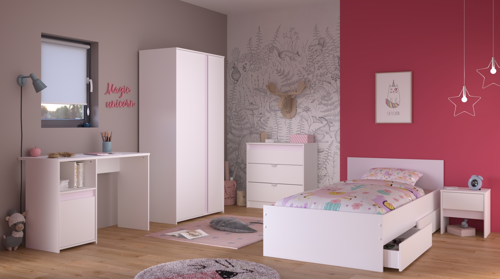 6-teiliges Kinderzimmer PIROUETTE 21 - weiß -rosa oder grau - 90x200 cm
