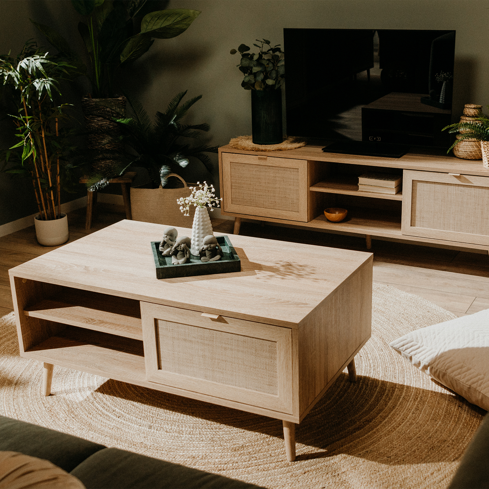 Couchtisch BALI - Sonoma Eiche - Rafia Geflecht - 100 cm breit