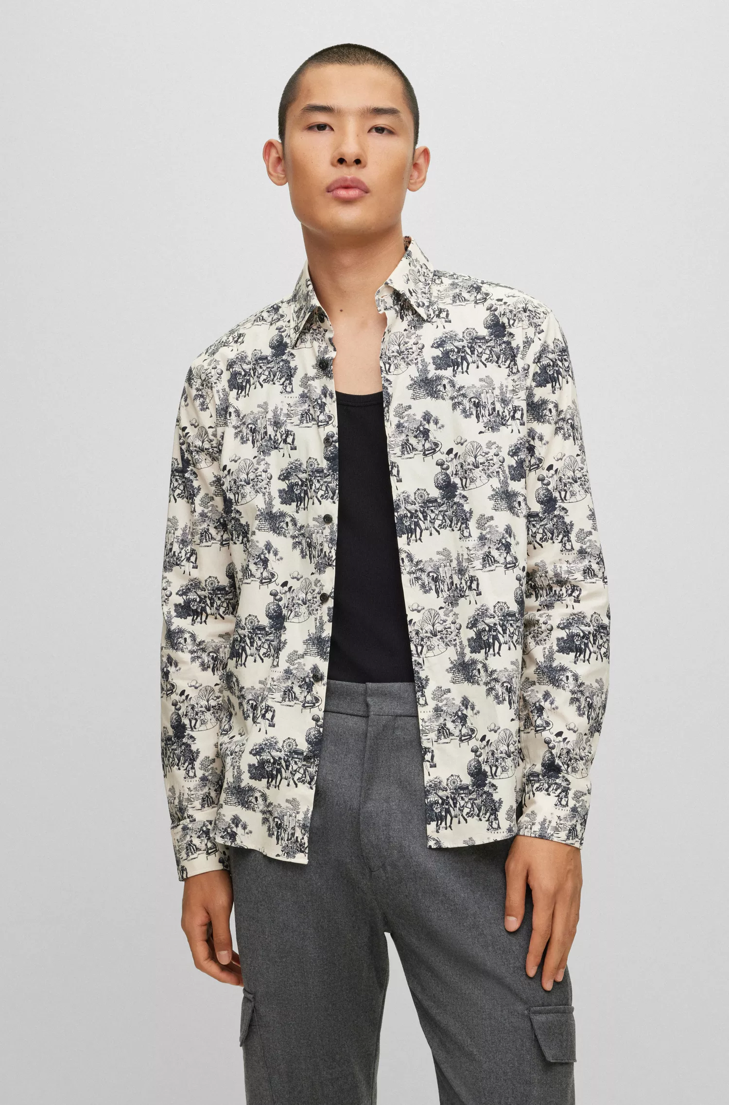 Camisa HUGO vermelha de corte slim em algodão elástico com estampa da estação.