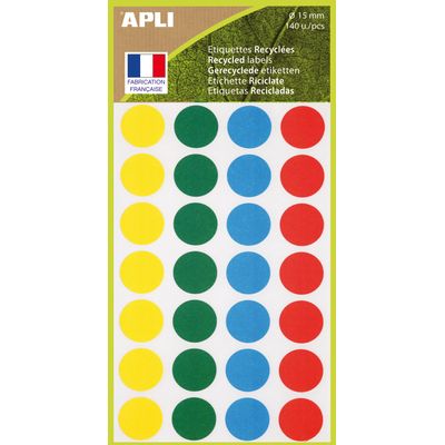 Apli Agipa - 140 Pastilles adhésives recyclées - couleurs assorties - diamètre 15 mm - réf 101786