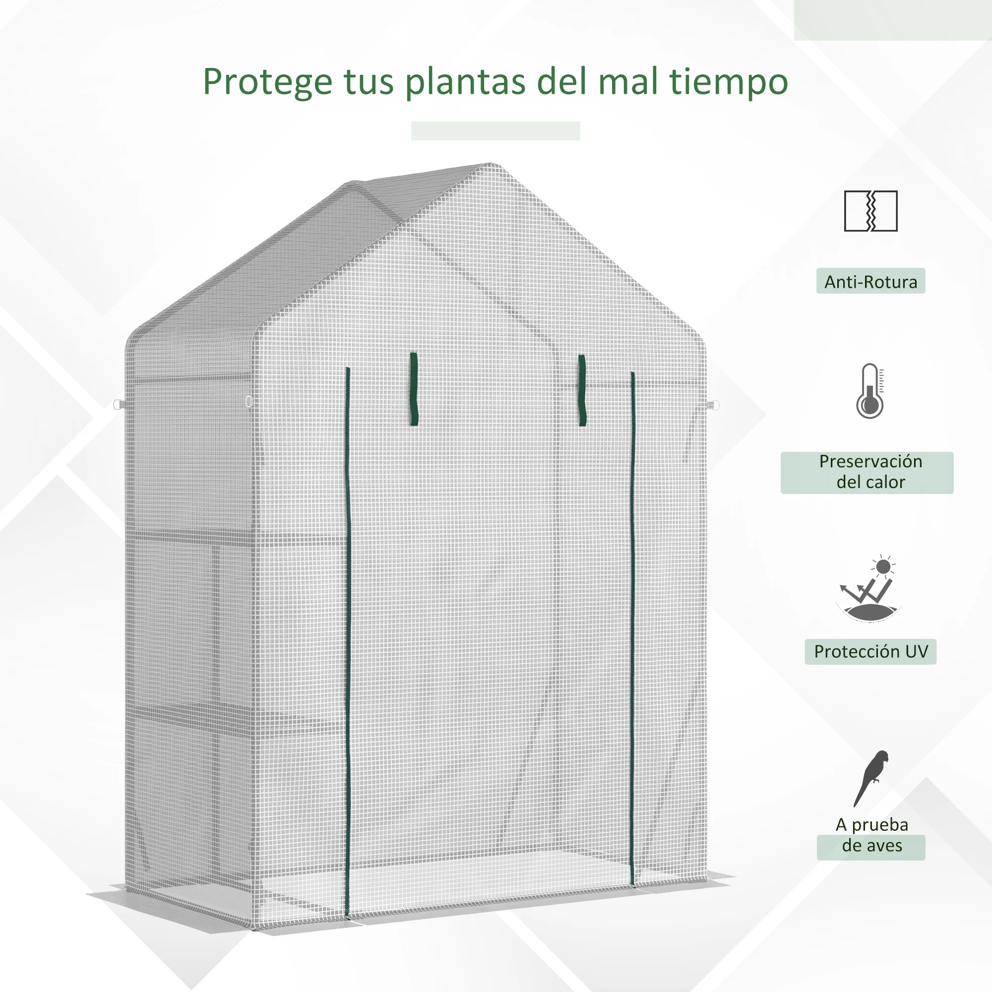 Estufa de jardim Outsunny, 143x73x195 cm, em aço, com 2 prateleiras e porta de enrolar, ideal para o cultivo de plantas, vasos e flores, perfeita para áreas externas, na cor branca.