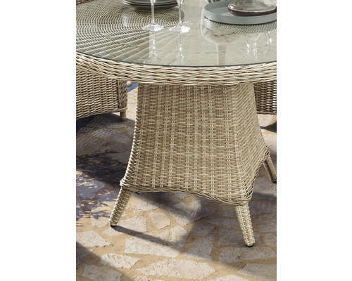 Destiny Luna tuintafel Ø 120 H 72 cm, aluminium, polyrotan, beige, rond, weerbestendig, met glazen blad.