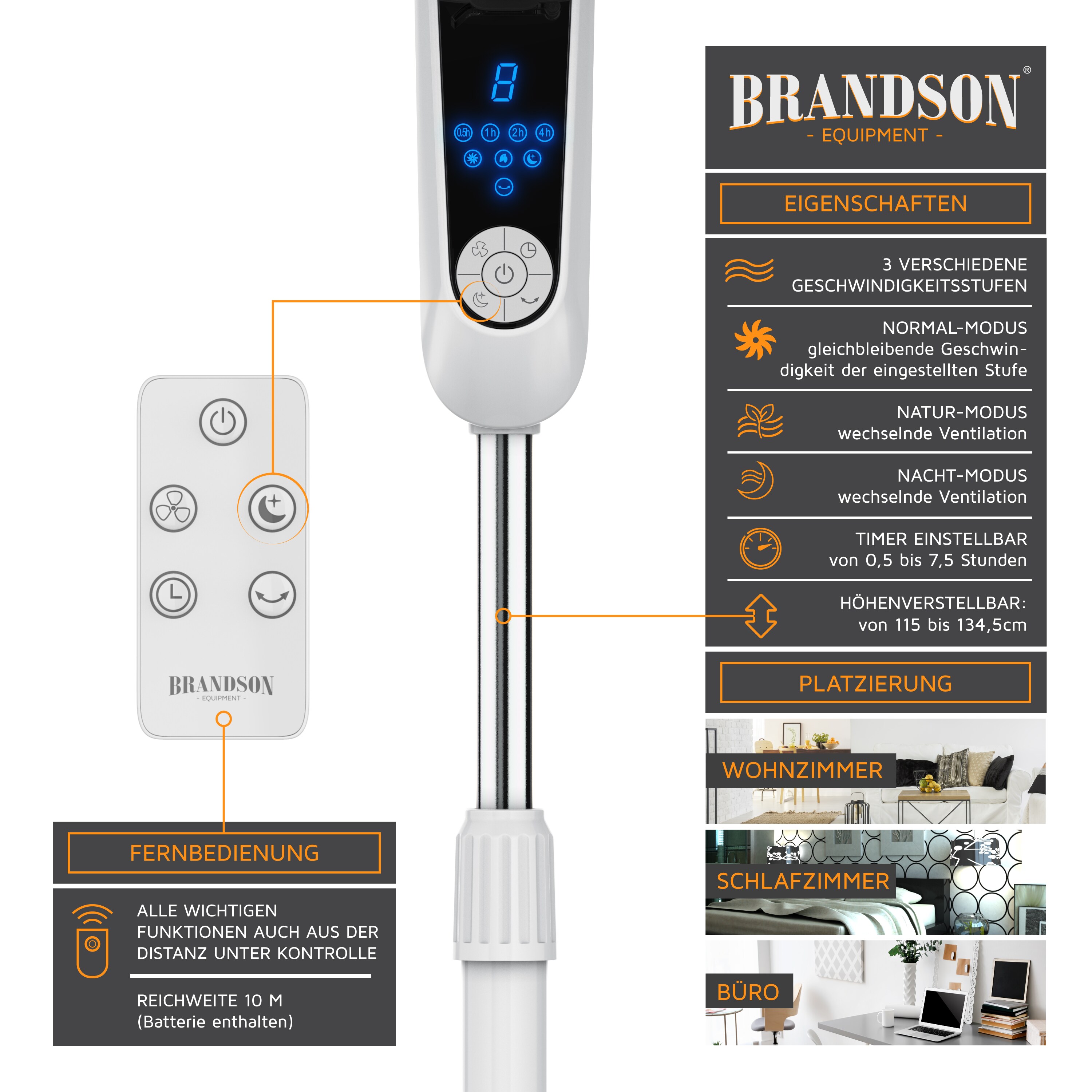Brandson Standventilator Silent mit Fernbedienung und Display, mobiler Lüfter, Oszillation 80°, 60 Watt, Ventilator leise, Höhe verstellbar
