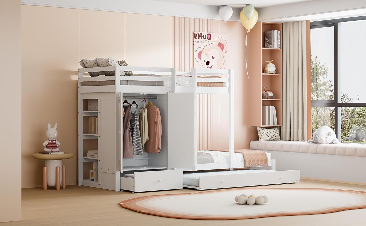 Etagenbett aus Massivholz mit Ausziehbett, multifunktionales Kinderbett mit Kleiderschrank, Schubladen und Ablagefach, Grau/Weiß, 90×200cm (Weiß)