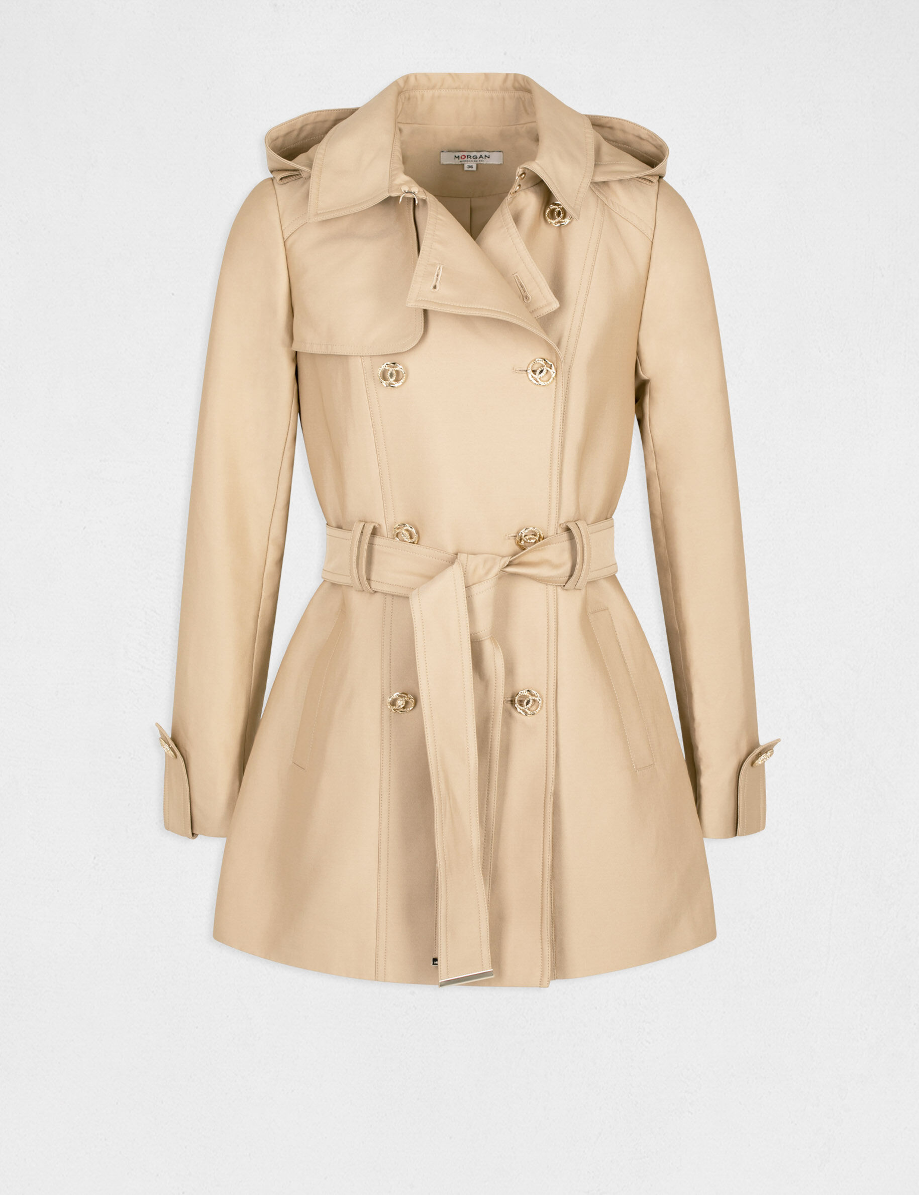 Trench droit ceinturé à capuche camel femme - camel