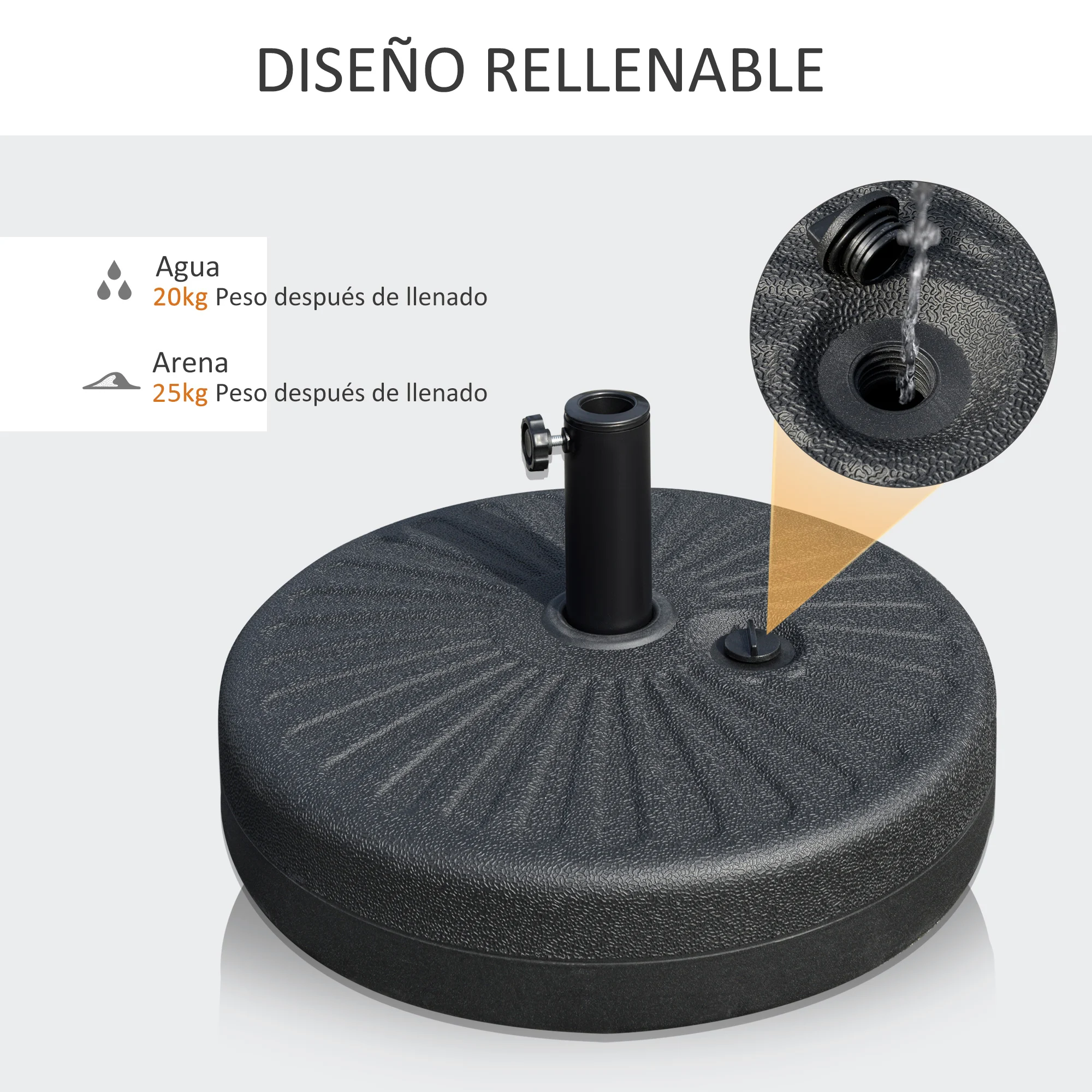 Base para guarda-sol de jardim Outsunny, preenchível com água, 22 kg, redonda, adequada para mastros de 38 mm/48 mm, portátil para terraço e pátio, Ø51 x 30,5 cm, preta.