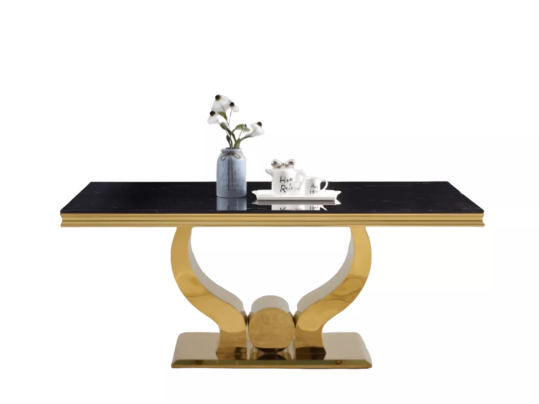Table à manger trofy 4 à 6 personnes gold verre marbré noir 150x90x75cm