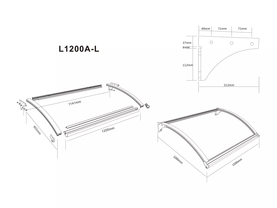 Auvent de porte en aluminium 120 x 100 cm courbé avec leds NEONED