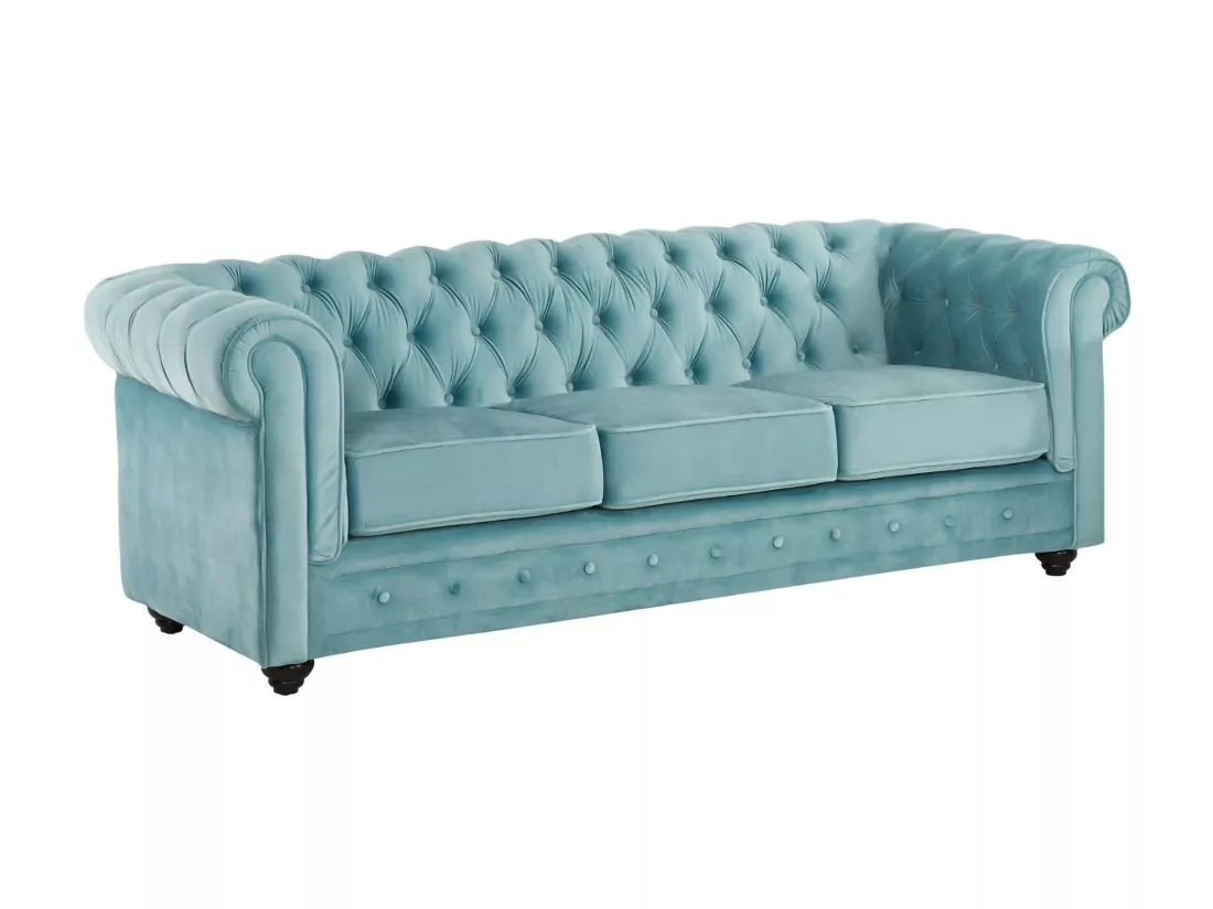 Canapé 3 places et 2 fauteuils CHESTERFIELD - Velours bleu pastel