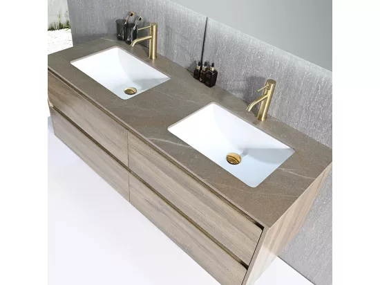 Meuble salle de bain double vasque 120cm bois et effet marbre marron avec miroir LED LB-8475M-120
