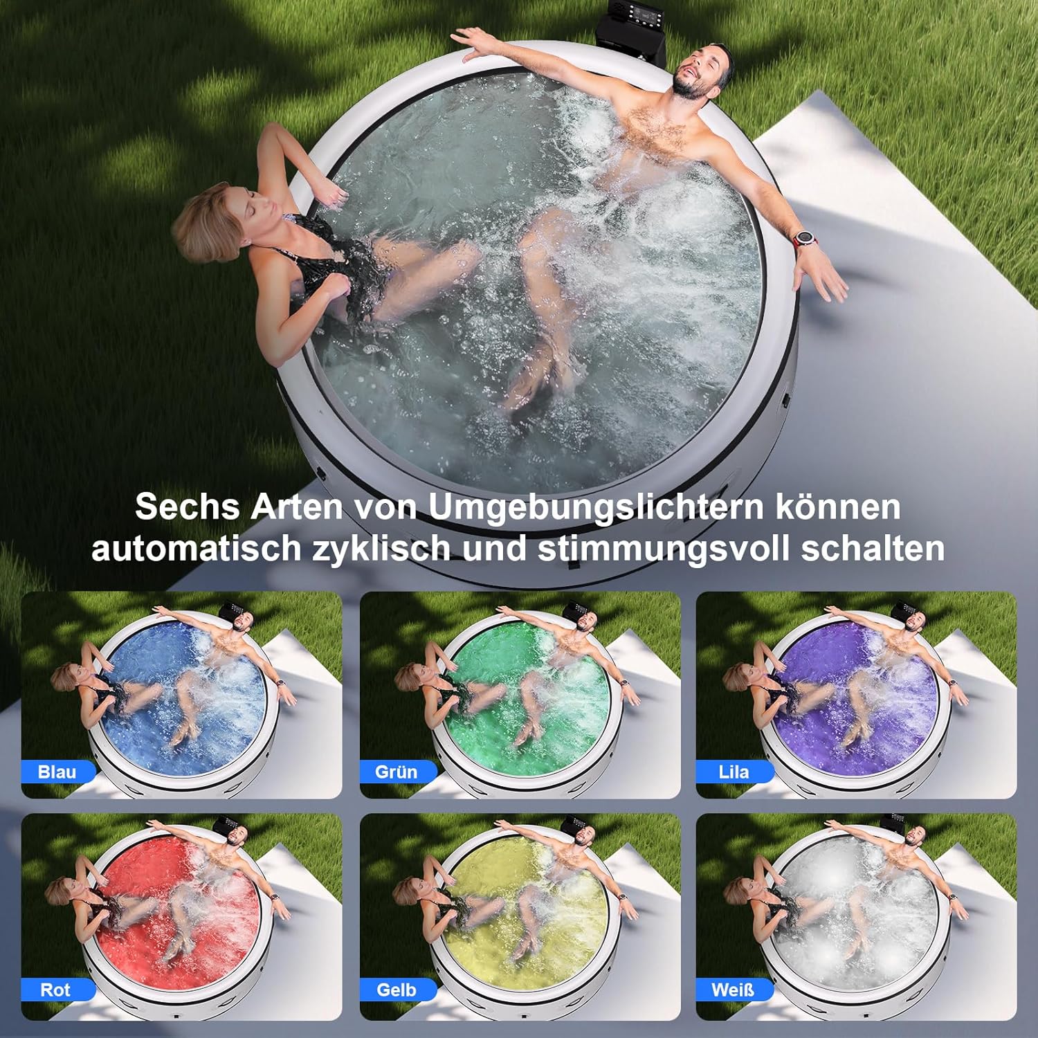 Aufblasbarer Badewannen mit Sprudelfunktion, PureSpa Pool Massage-Hottub, beruhigenden Luftdüsen, integriertem Schnellfüllsystem, LED-Lichtern (weiß, 206 x 206 x 71cm)