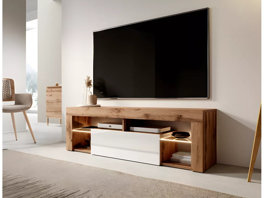 Meuble TV / Banc TV (140 cm, chêne lancaster / blanc brillant, éclairage LED) - BIANKO