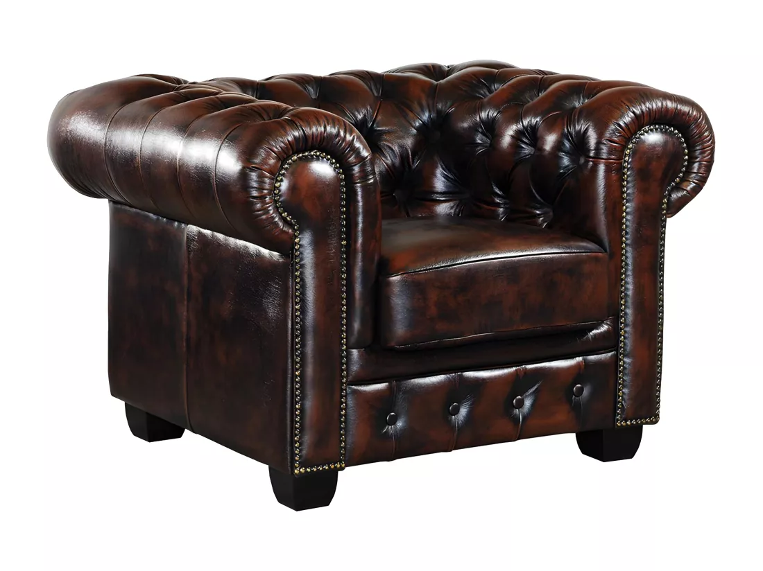 Fauteuil chesterfield BRENTON 100% cuir de buffle - Marron reflets châtains