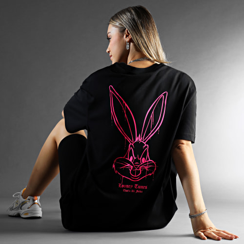 Tee Shirt Oversize Large Femme Angry Bugs Bunny Noir Rose Fluo