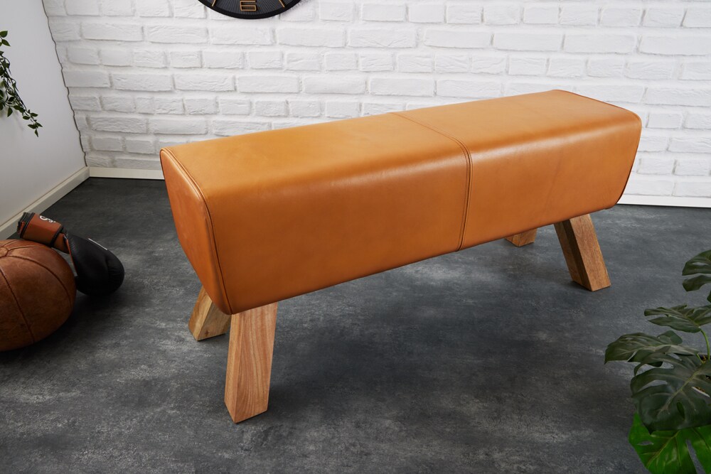 riess-ambiente Sitzbank TURNBOCK - 100cm cognac Echtleder Mangoholz Retro Sitzhocker