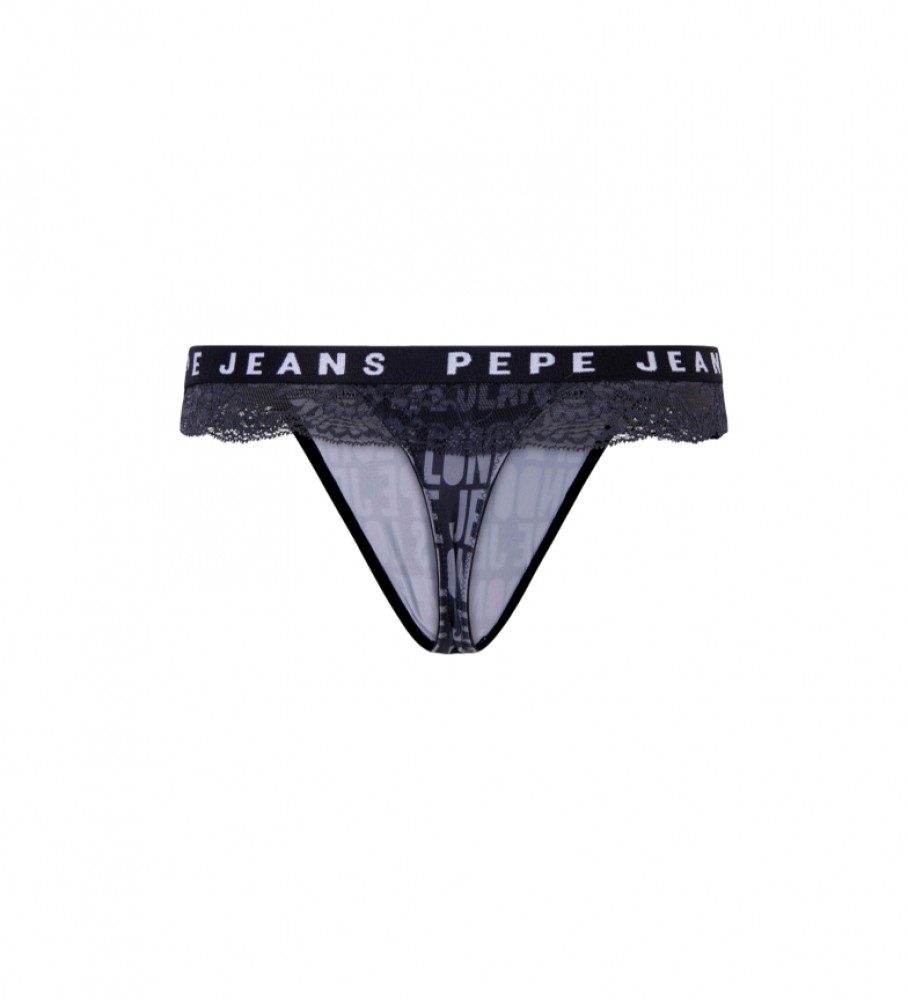 Calcinha fio dental preta com estampa do logo da Pepe Jeans
