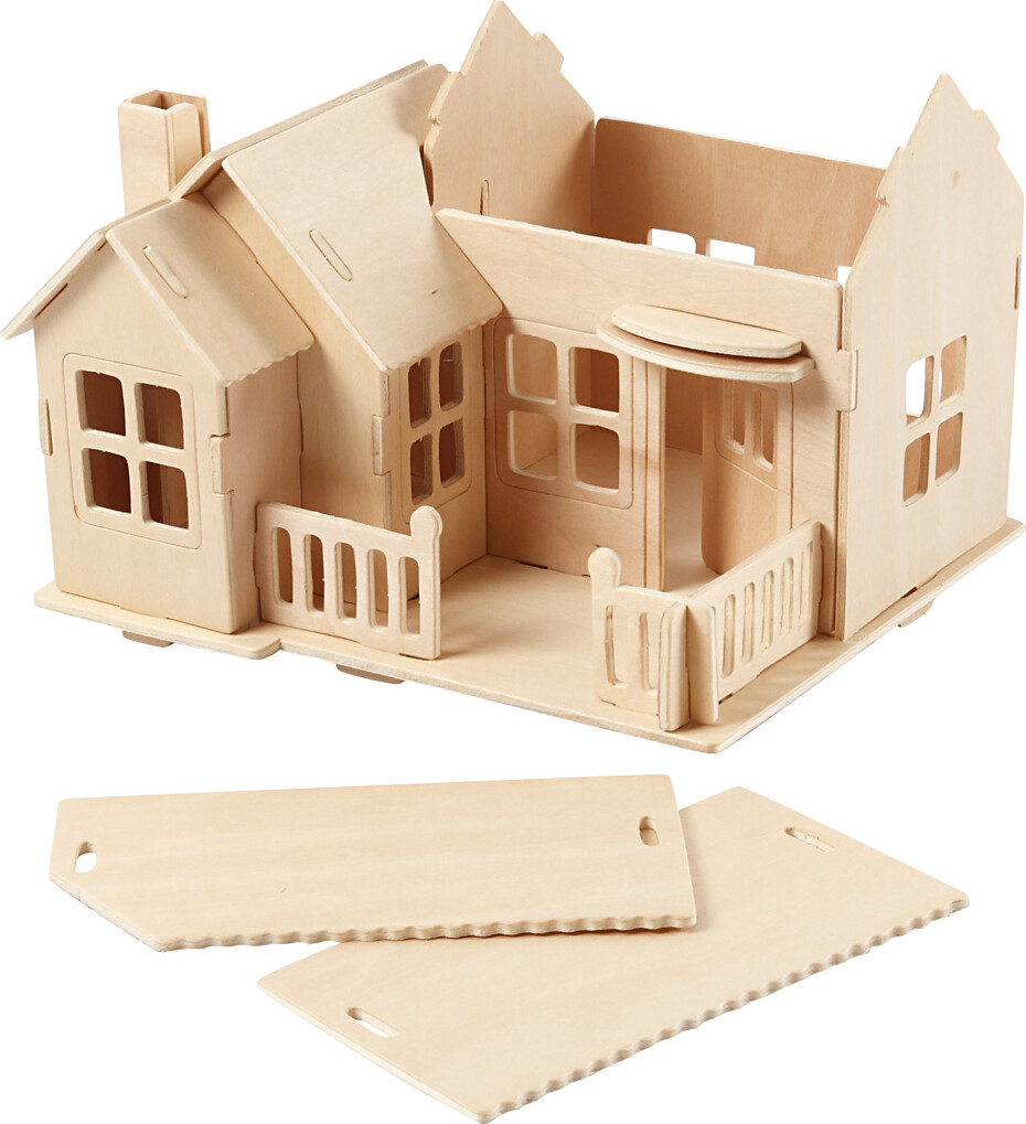3D Træ Puslespil - Hus Med Terrasse - 19X17,5X15 CM