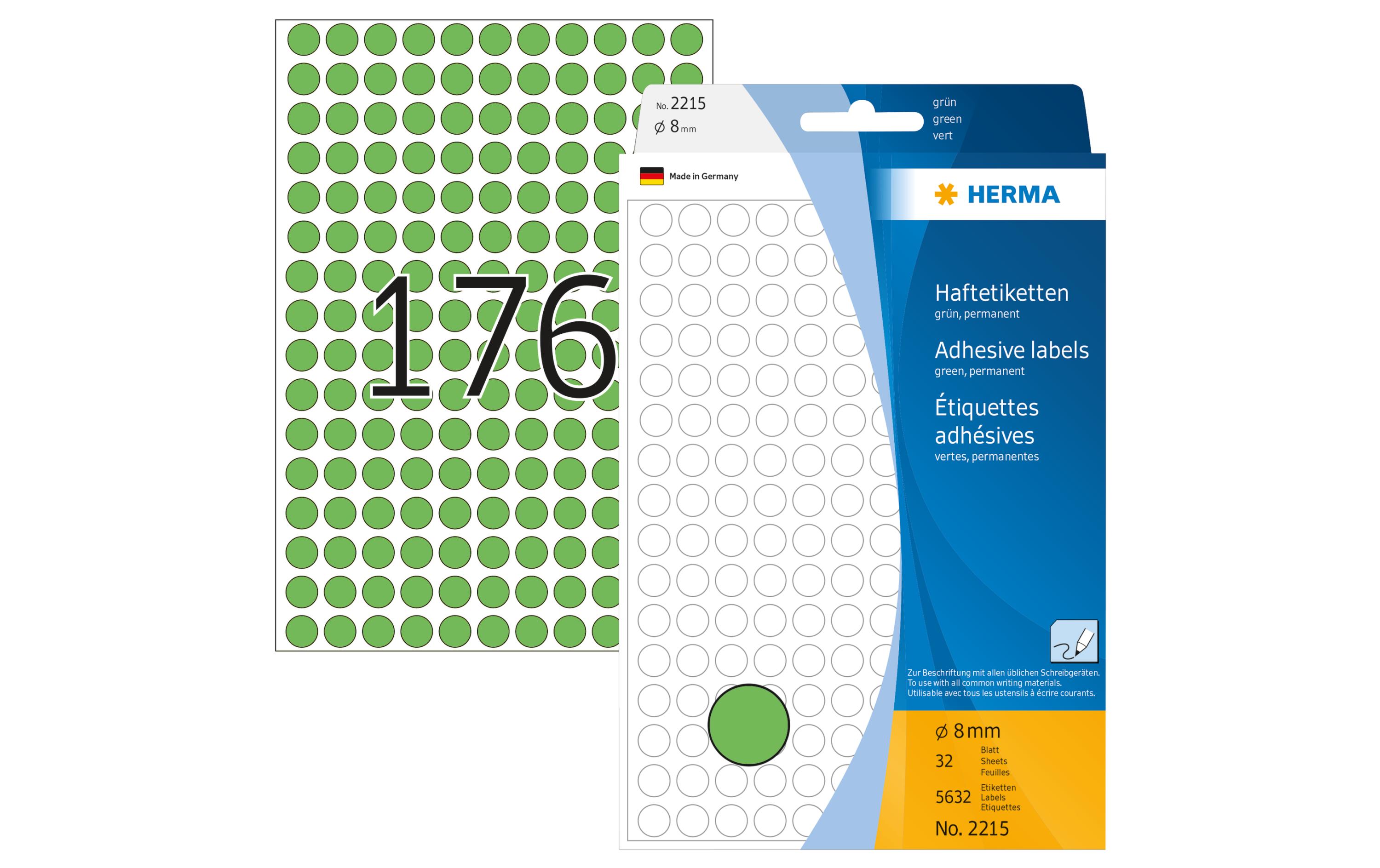 Vielzweck-Etiketten 2215 Ø 8 mm, Grün, 32 BlattSelbstklebende Markierungspunkte für Pinnwand, Flipchart und vieles mehr