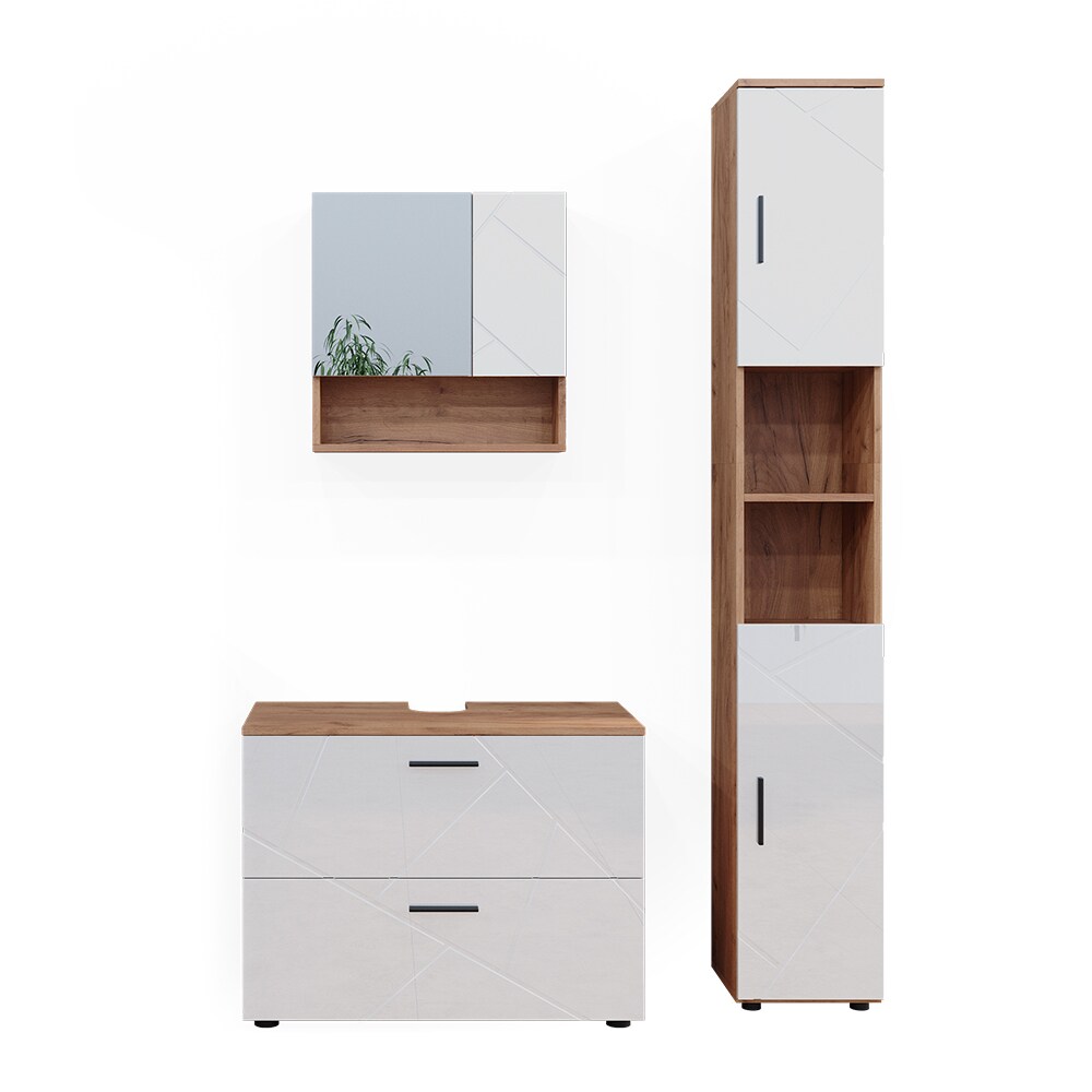 Vicco Badmöbelset Irma Eiche Weiß Hochglanz modern Badezimmerschrank Badschrank Badezimmermöbel Waschtischunterschrank Spiegelschrank Hochschrank Schrankschublade Schranktür Schrankfach