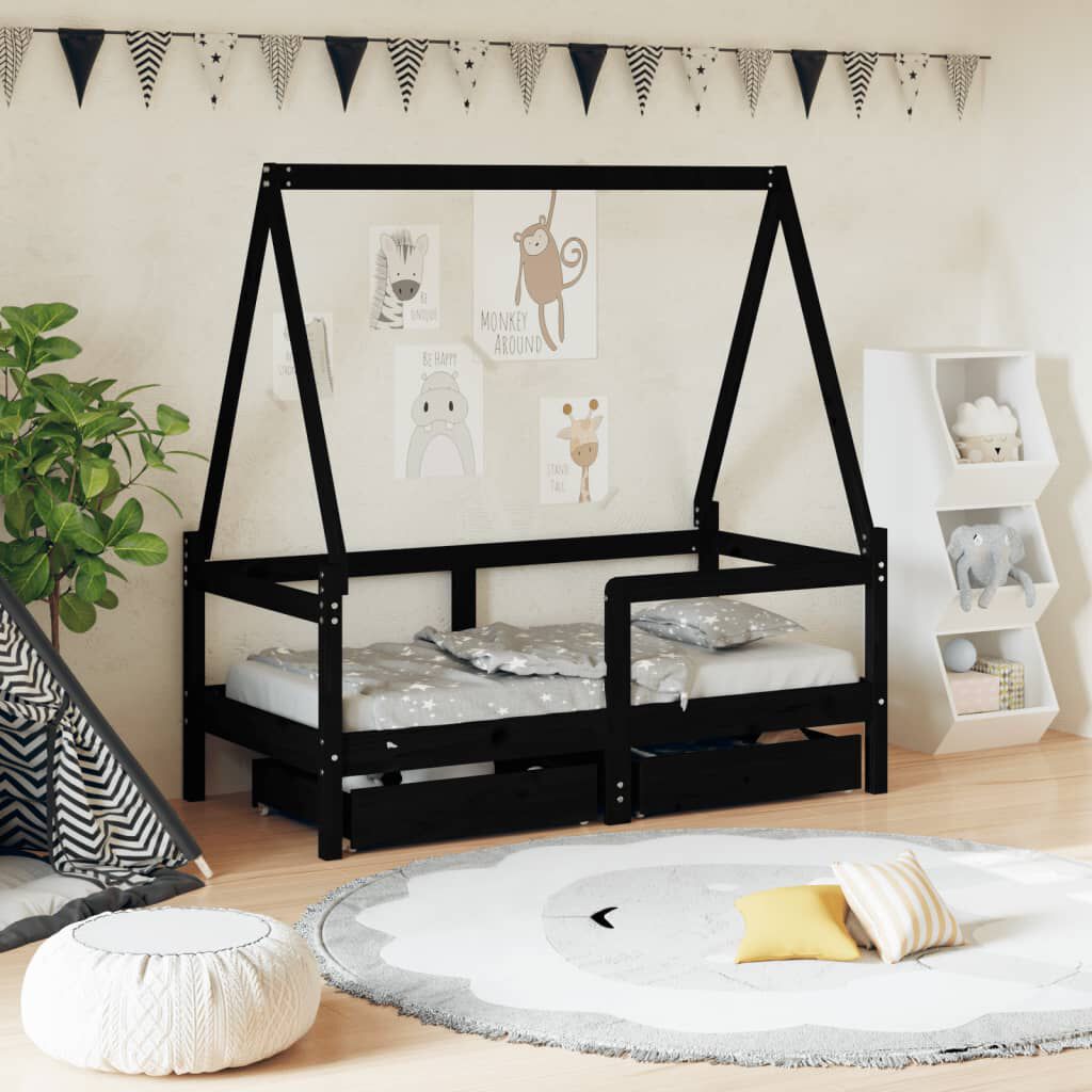 vidaXL Kinderbedframe met lades zwart 70x140 cm grenen