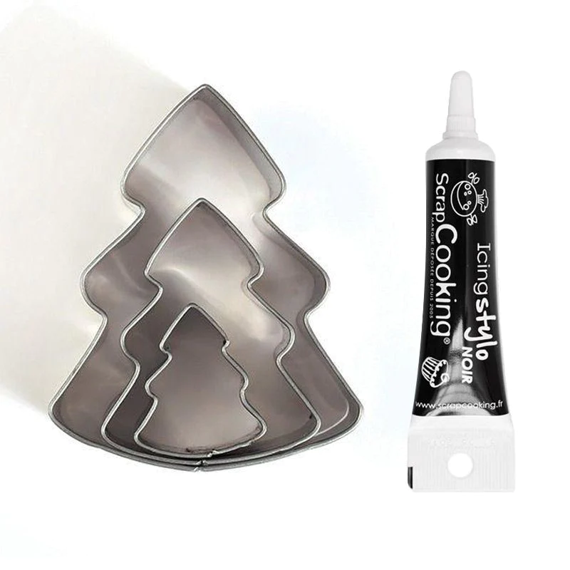3 mini emporte-pièces inox Sapins + Stylo de glaçage noir Youdoit
