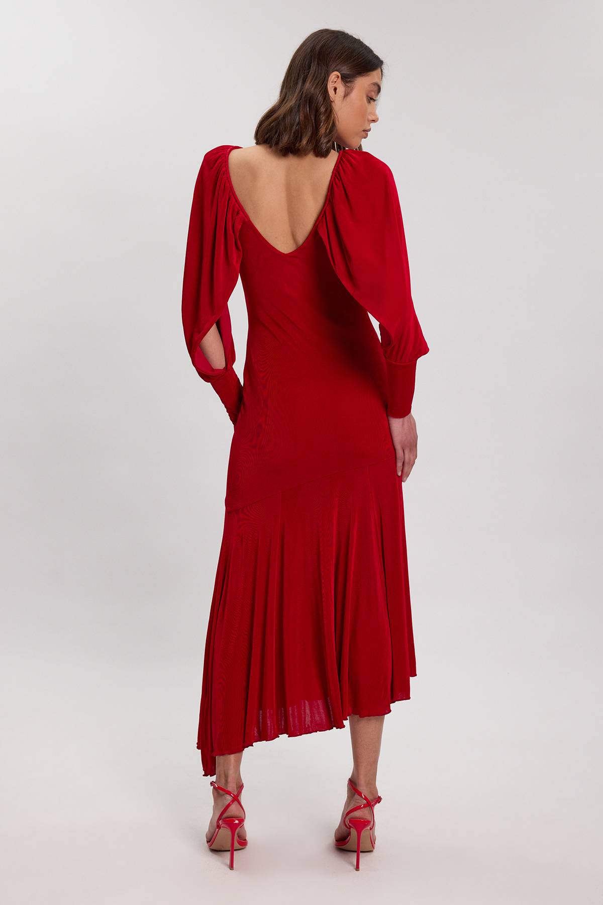 KarenMillen Robe Longue Drapée En Crêpe À Manches Longues Et Dos Décolleté En V