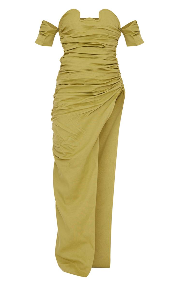 Vert Olive Robe Longue Texturée Bardot À Armatures Et Froncée