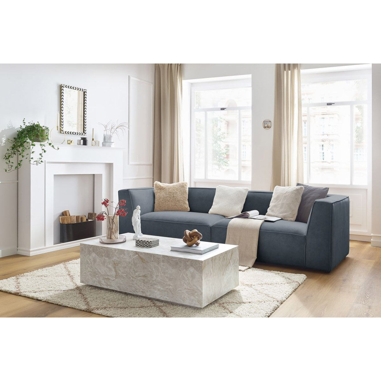 Bobochic Canapé droit fixe 4 places en Velours Molière gris foncé - 273x99x71 cm