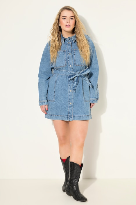 Jeanskleid, Straight Shape, Hemdkragen, Bindeband, Langarm