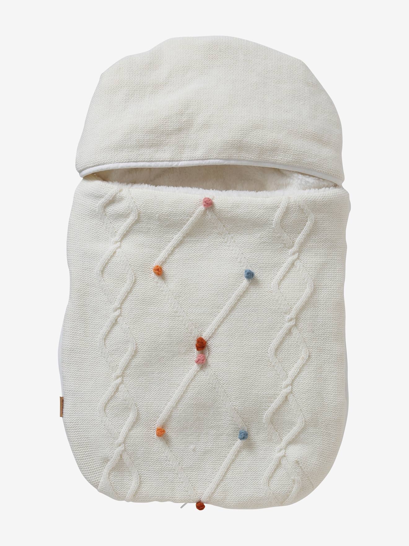 Bolsa porta-bebê de tricô com forro de lã para cadeirinha de carro, branca lisa.