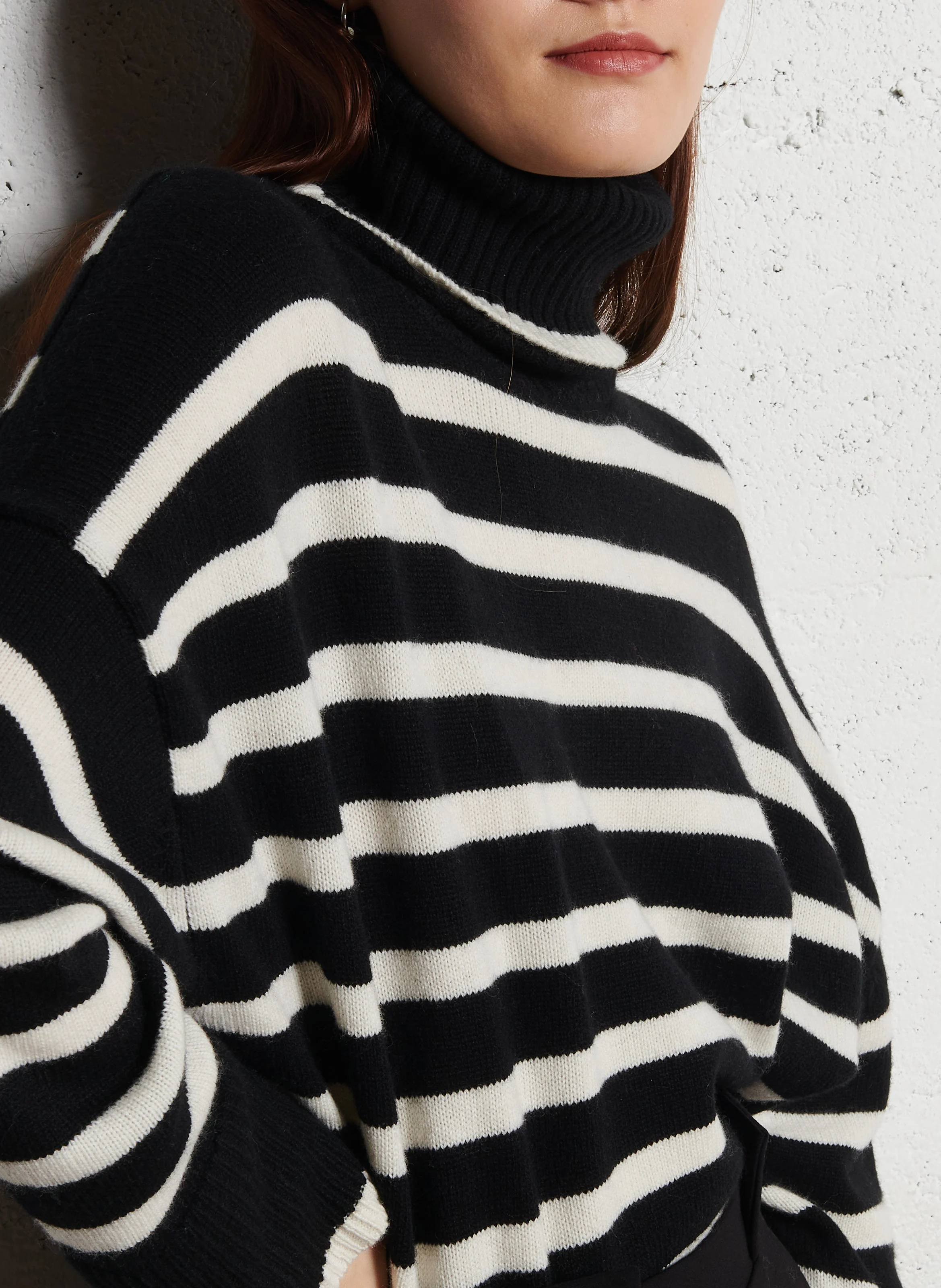 ANNIE - Pull col roulé rayé en laine mélangé| Blanc