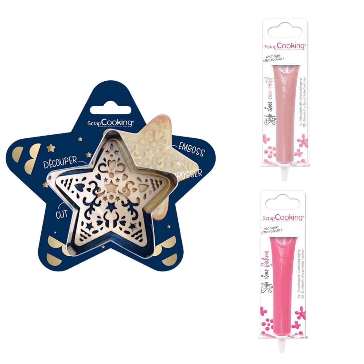 Kit pour biscuit en relief Étoile + 2 Stylos au chocolat rose pastel e