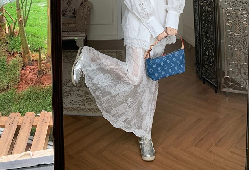 Closette - Lange mouwen kraag effen kanten shirt / kanten bh-top / maxi-rok met hoge taille en vissenstaart