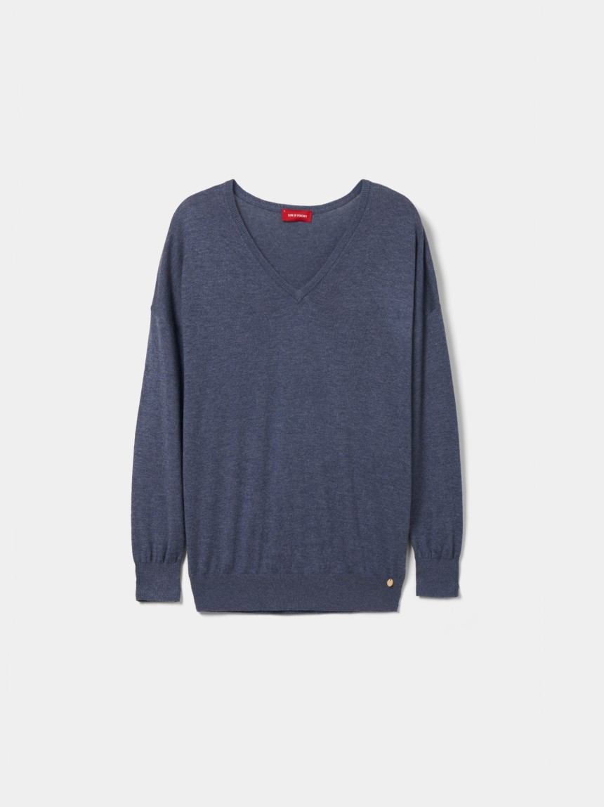 Pullover decote em V com algodão e lã