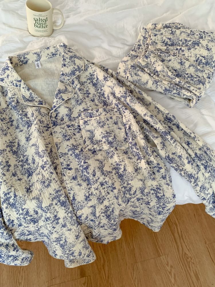 Tanee - Bijpassende pyjamaset voor koppels: blouse met lange mouwen en bloemenprint, knoopjes en broek
