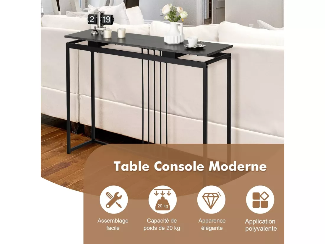 Table Console en Faux Marbre, Meuble Console Entrée avec Cadre en Acier Enduit de Poudre, Table d'Entrée avec Kit Anti-basculement pour Salon, Couloir, 120x30x90cm (Noir）