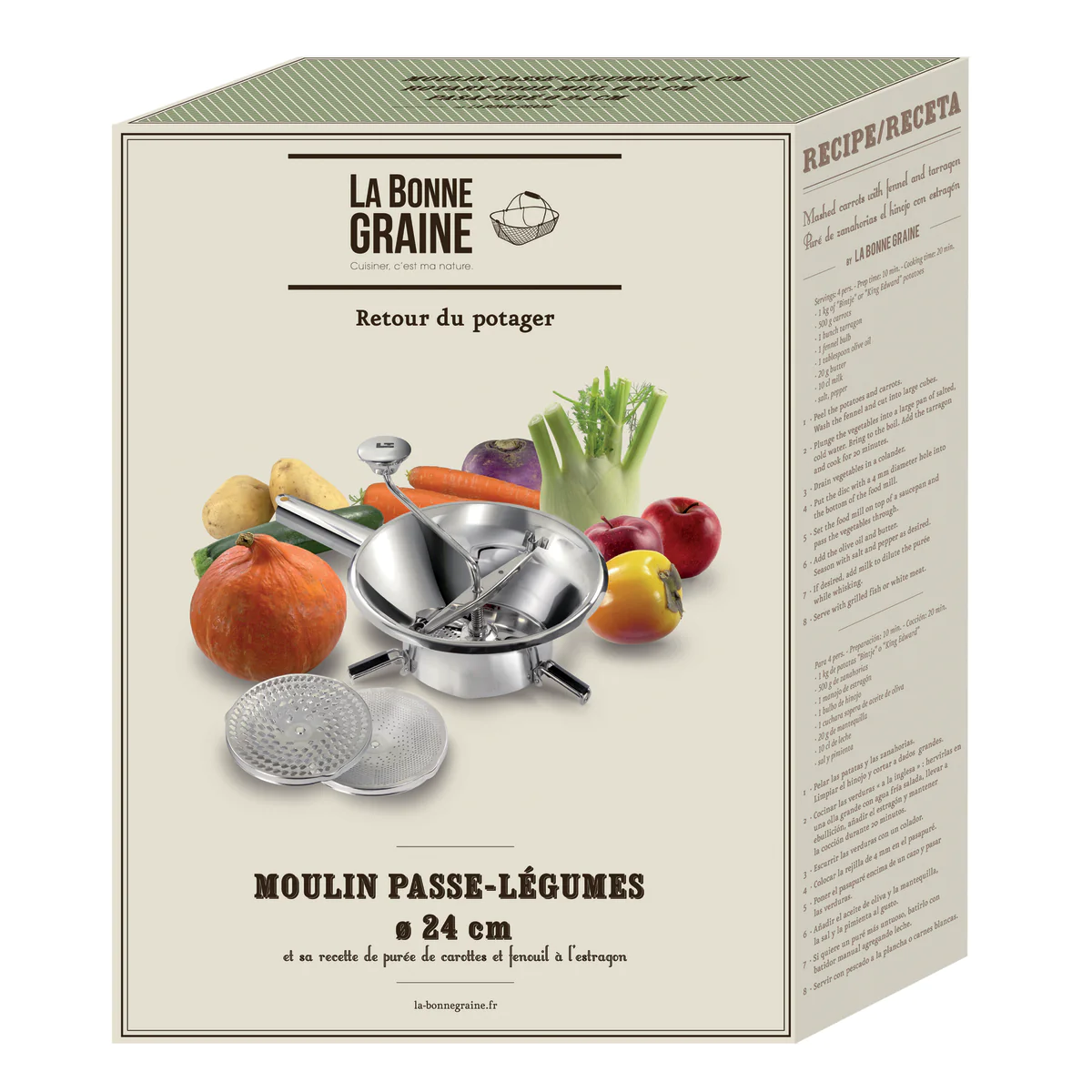 Moulin passe-légumes Ø 24 cm inox - 3 grilles - Pack La Bonne Graine L