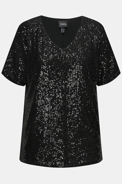 Pailletten-Shirt, Oversized, V-Ausschnitt, Halbarm