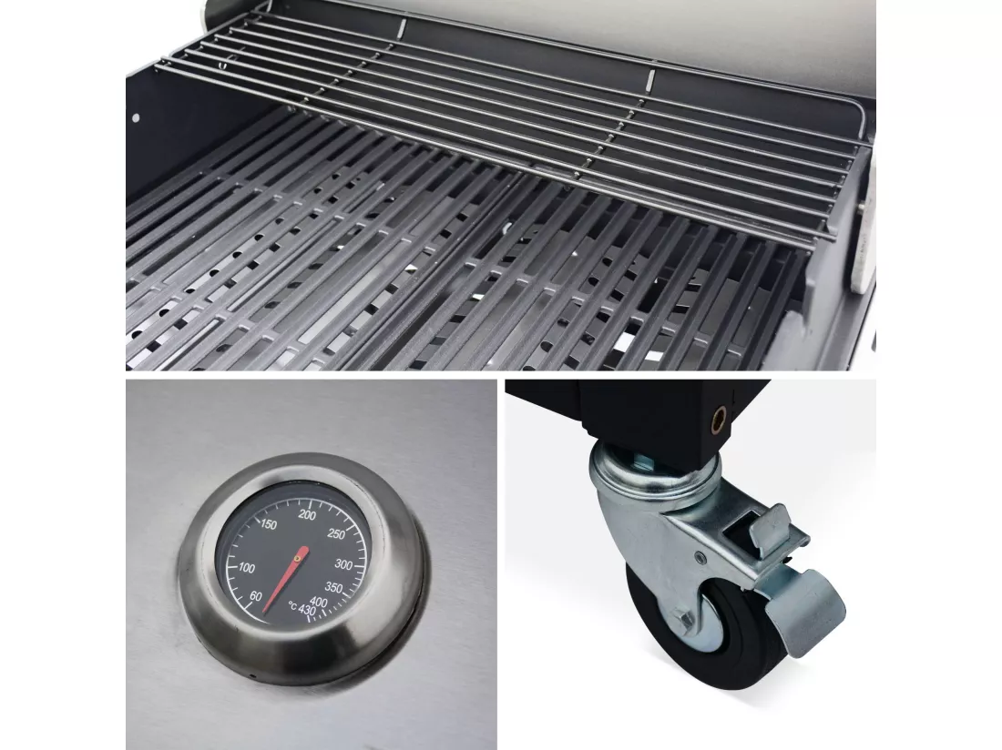 Barbecue. cuisine extérieure gaz - D'Artagnan - Barbecue 5 brûleurs dont 1 feu latéral. inox et noir. évier. planche à découper bois. ustensiles