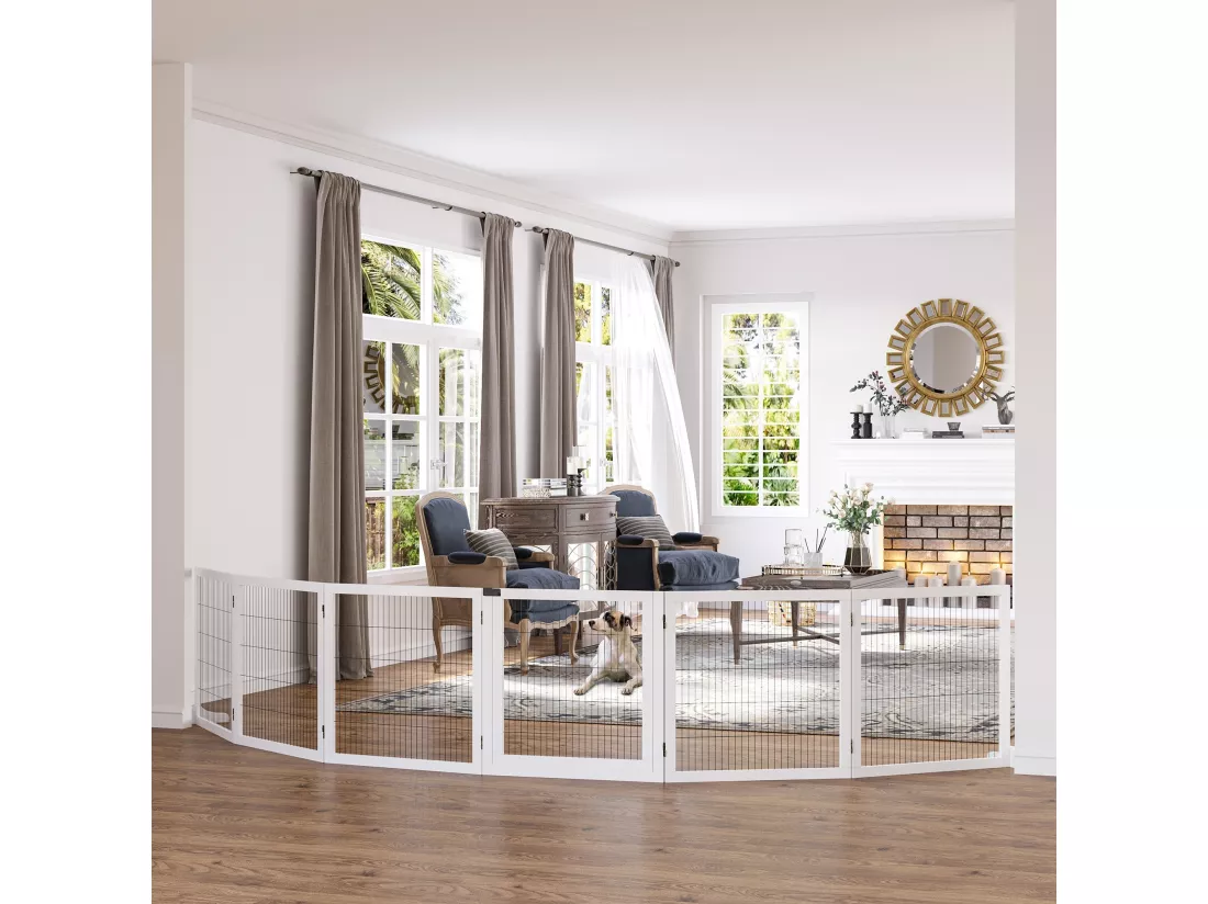 Barrière de sécurité parc enclos chien modulable pliable porte verrouillable intégrée 5 panneaux grillage acier noir bois de pin blanc