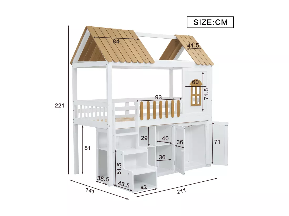 Lit superposé 90x200 cm - en bois de pin - avec étagères, armoire et escalier de rangement - Blanc & Naturel