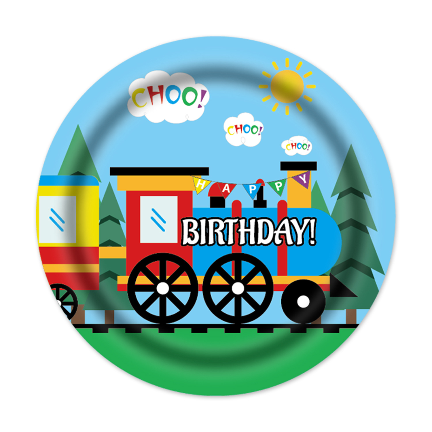 (112-tlg. Set) Happy Birthday Einweg Geschirr Kinder Geburtstags Party Zug Tisch Deko inkl. Teller / Servietten / Papp Becher / Besteck - Eisenbahn