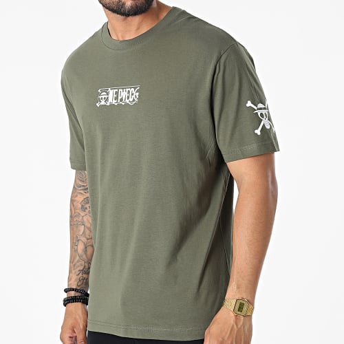 Tee Shirt Oversize Large Front And Sleeve Vert Kaki Blanc