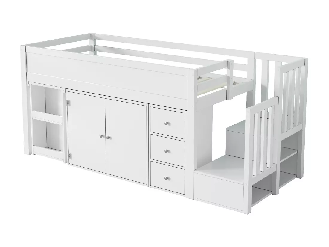 Lit mezzanine pour enfant 90x200cm- avec bureau coulissant + rangement latéral - avec armoire - avec escalier - Blanc
