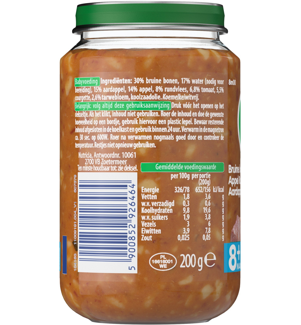 Olvarit Bruine bonen appel rundvlees aardappel 8M00 (200 gr)