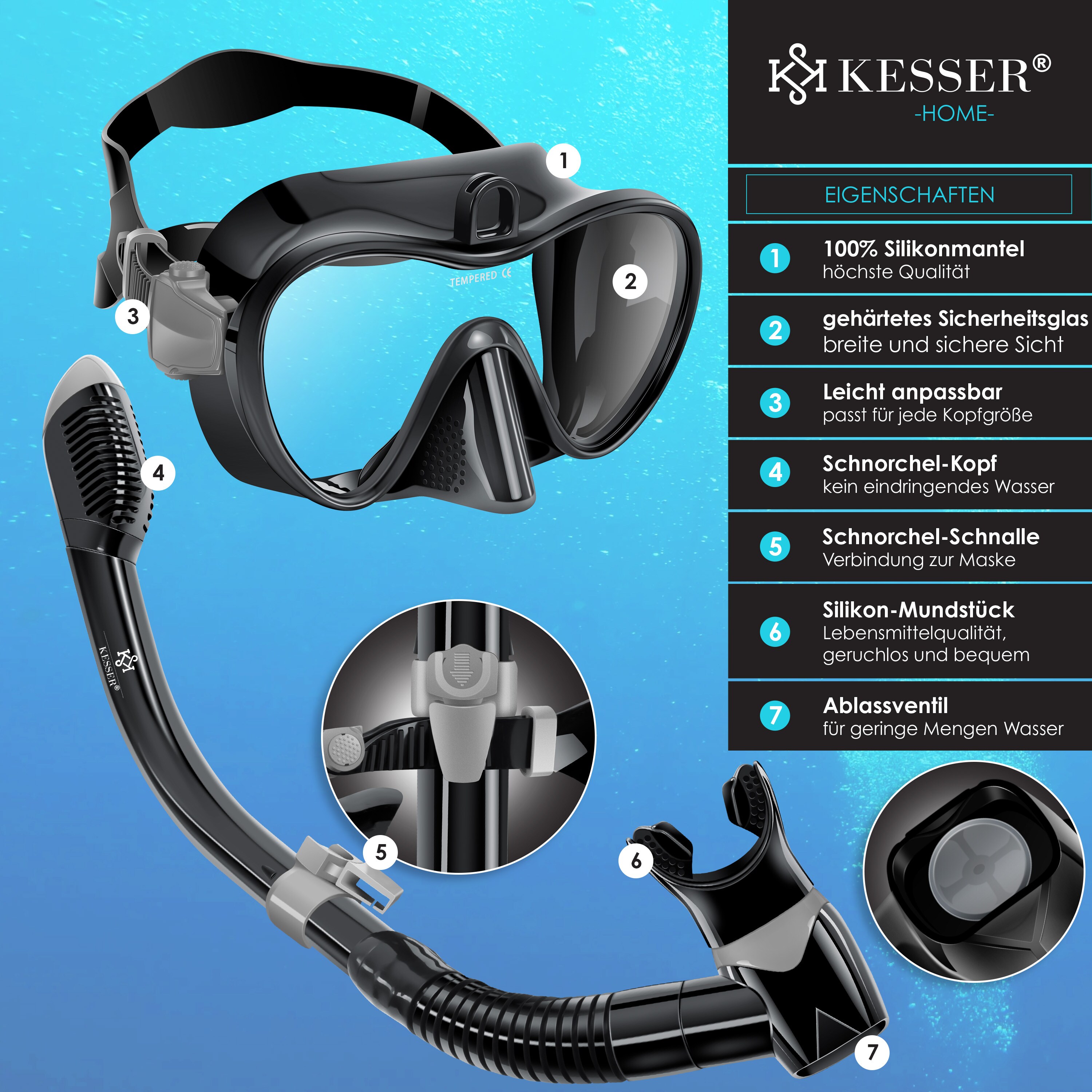 KESSER® Schnorchelset Profi Taucherbrille Schnorchelmaske Tauchset Erwachsene Tauchmaske - Inkl. Action-Cam Halterung - Antibeschlag und Anti-Leck für Freitauchen und Schnorcheln Set Taucherbrille
